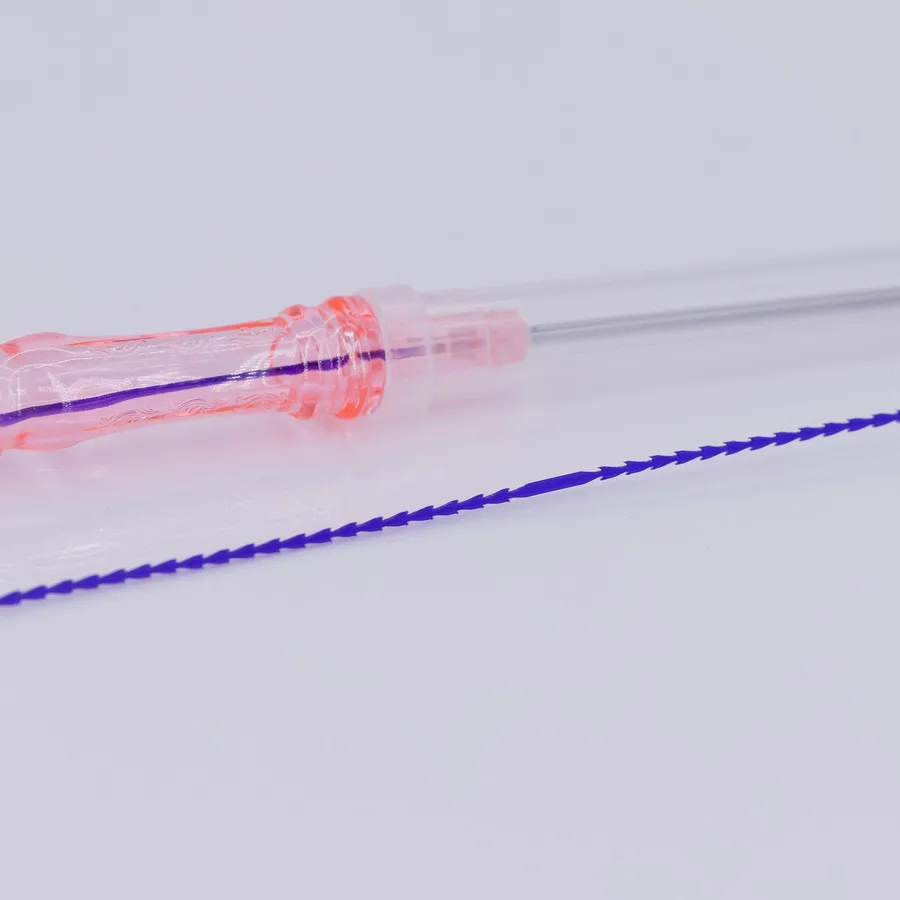 Platinum Threads fishbone cog thread — multidirectional barbs beside its cannula