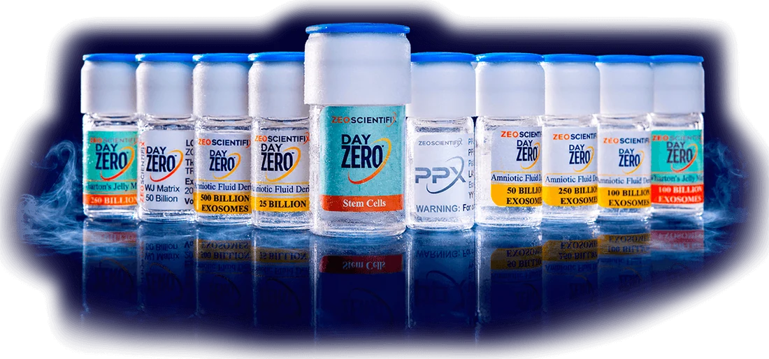 ZEO ScientifiX DayZero product range — stem cells, exosomes, Wharton's jelly matrix and Patient Pure X