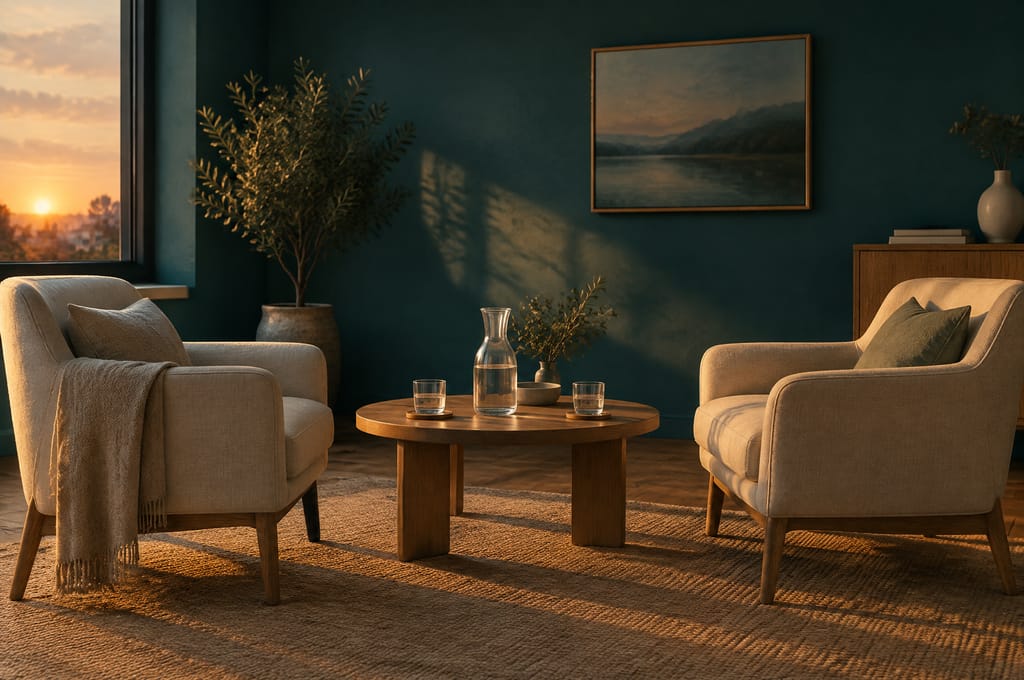 Two linen armchairs face each other across a low table set with a carafe and glasses.