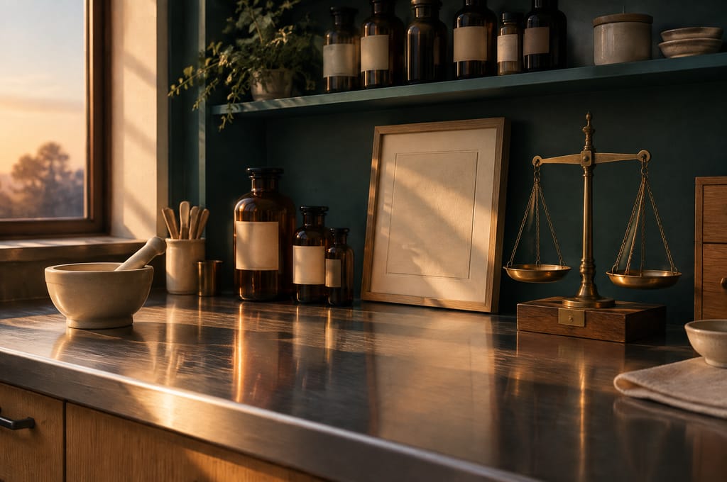 A framed certificate leans against a pharmacy shelf beside a brass scale and amber bottles.
