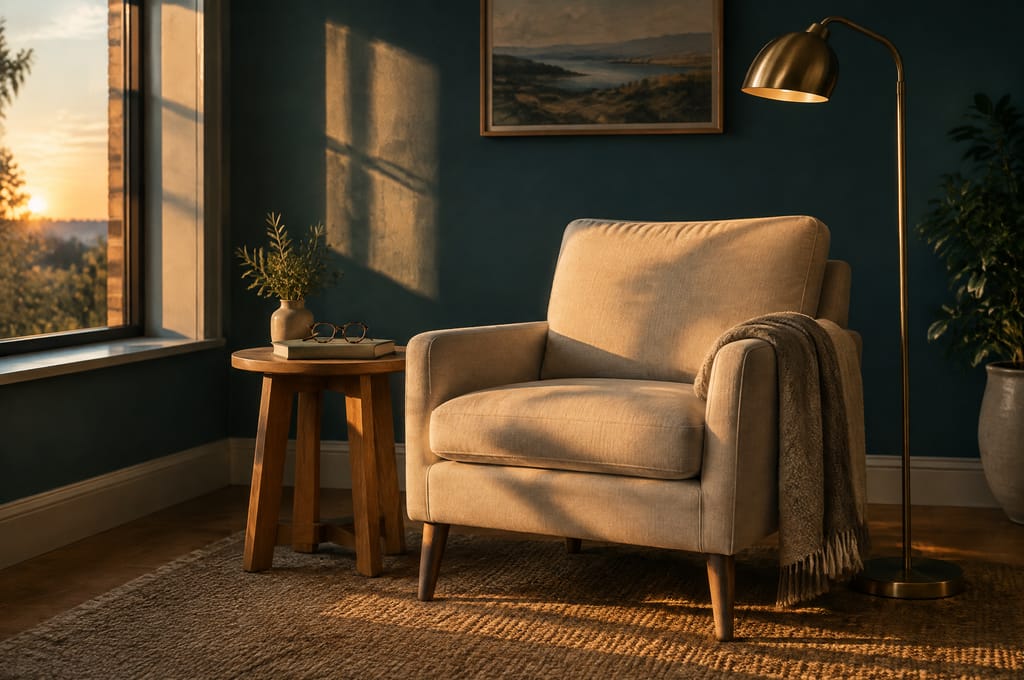 A linen armchair and a reading lamp wait in a quiet clinic corner at the end of the day.