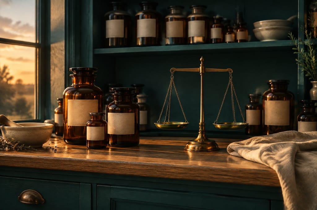 Amber glass bottles and a brass scale stand on a teal pharmacy shelf in the evening light.