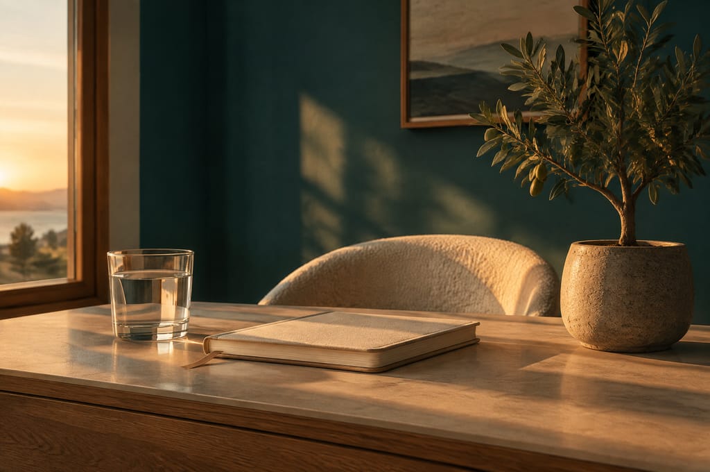 A paper journal, a glass of water and a small olive tree share a consult desk at dusk.