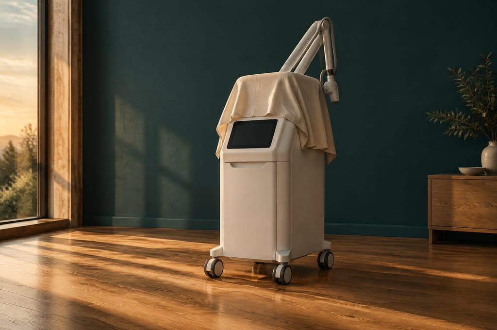 A dust cover is draped over a console parked in a device bay at the end of the day.
