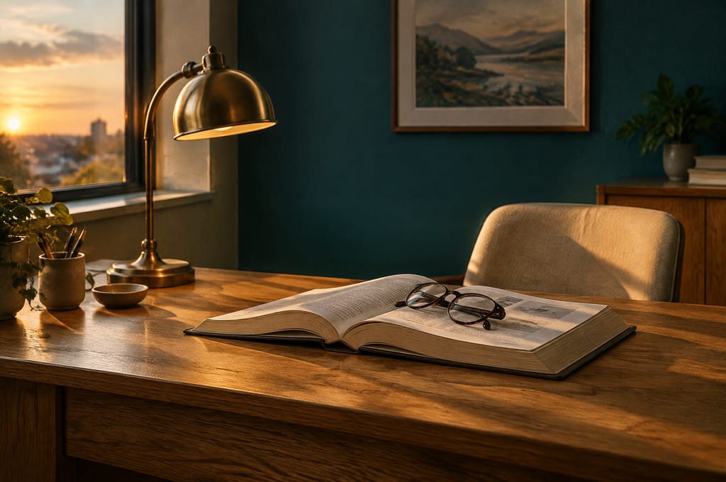 An open reference book and folded reading glasses lie on an oak desk under a brass lamp.