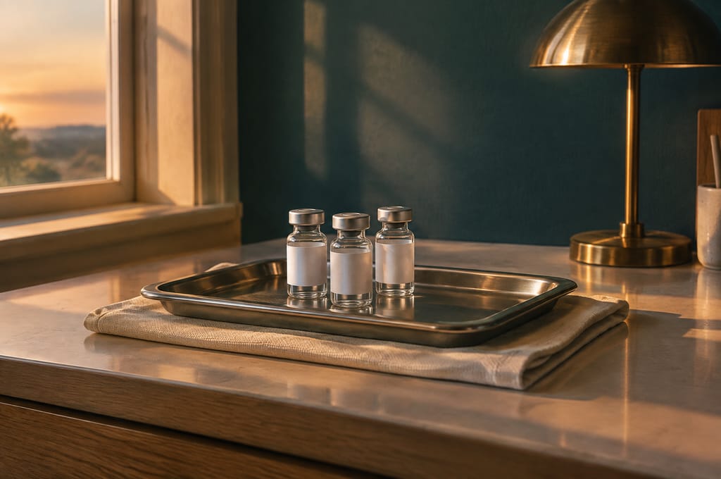 Three small capped vials stand on a folded cloth on a steel preparation tray.