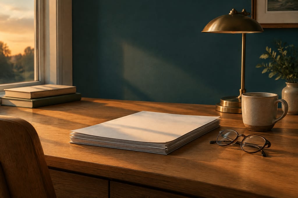 A stack of printed pages, reading glasses and a cup sit on a desk under a brass lamp.