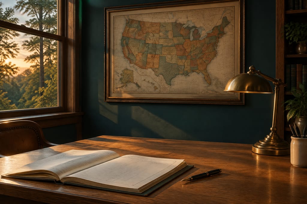 A framed antique map of the United States hangs above a physician’s desk in the last of the light.