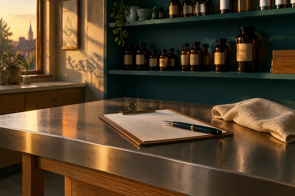 A clipboard and pen rest on a steel pharmacy bench with amber bottles on the shelf behind.