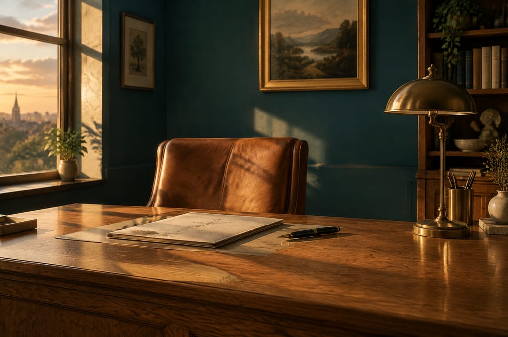 A leather chair sits pushed in at an oak desk beside a closed chart and a lit brass lamp.
