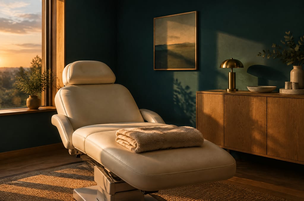 A folded towel waits on a cream treatment chair in a quiet room at dusk.