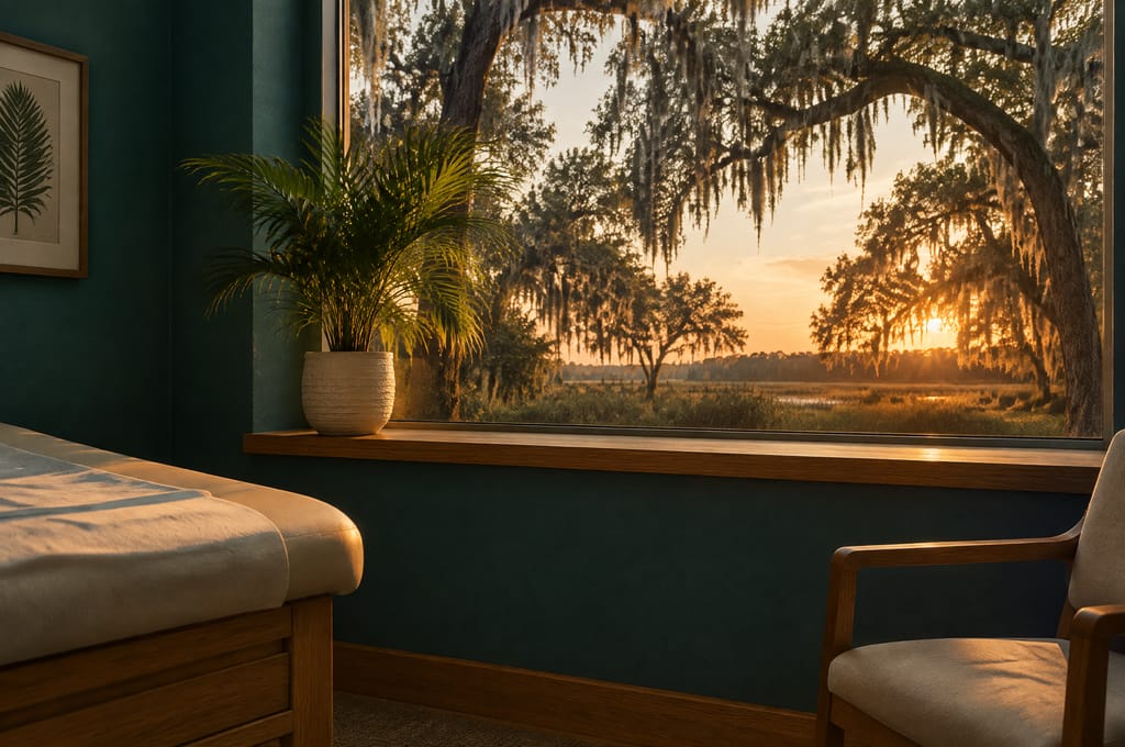 Live oaks hung with Spanish moss stand beyond a clinic window sill at sunset.