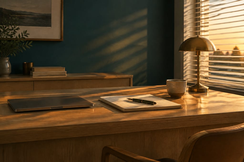 A front desk after closing, its paper ledger and pen left beside a lamp and drawn blinds.