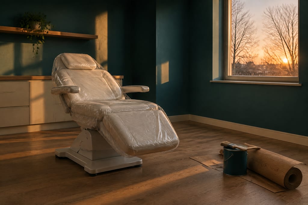 A wrapped treatment chair, flooring samples and an open tin of teal paint fill a half-finished room.