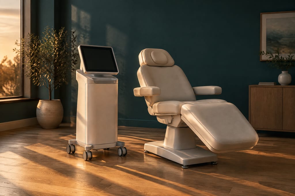 An unbranded console stands beside a treatment chair on an oak floor as the sun drops.