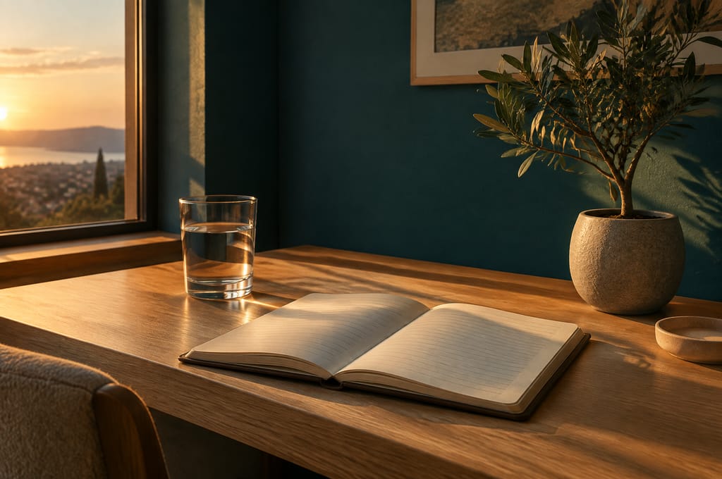 An open journal, a glass of water and a small olive tree sit on a consult desk in the evening.