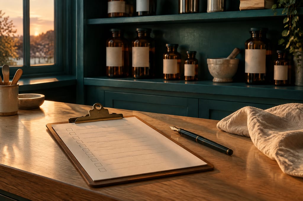 A blank checklist and pen lie on a pharmacy bench with bottles ranked on the shelf behind.