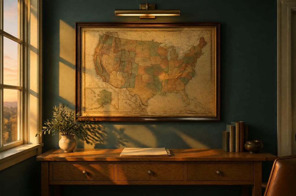 A framed antique map of the United States is lit by a picture light above an oak console.
