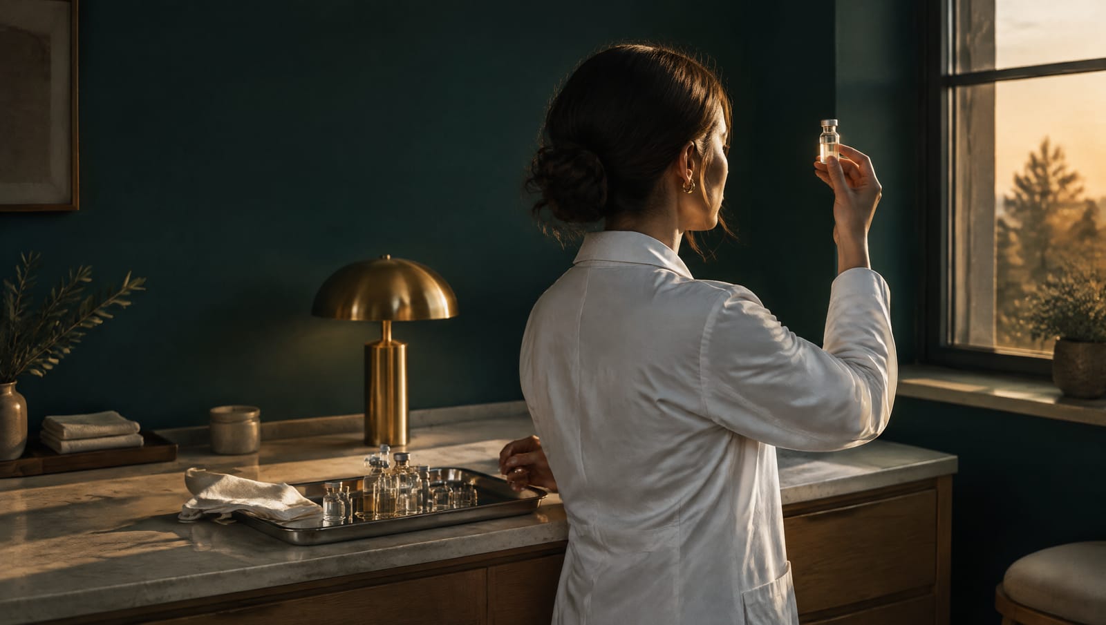 A clinician lifts a small glass vial toward the window light at a preparation bench.