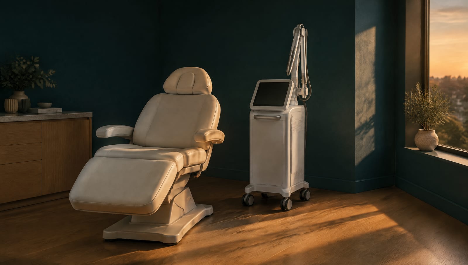 An unbranded laser console stands beside a cream treatment chair in a device bay at dusk.