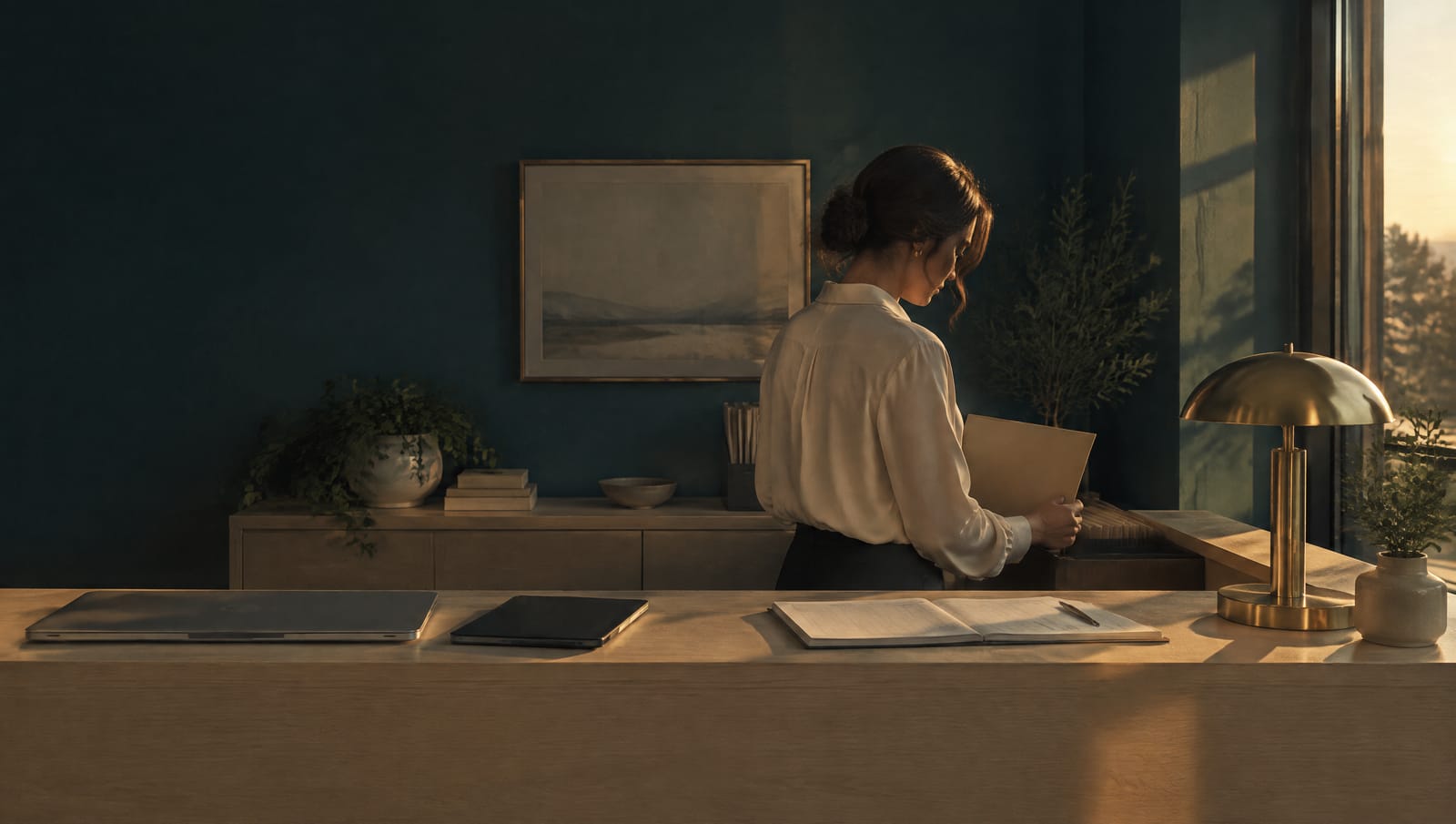A front-desk coordinator files a folder at a pale oak counter in the last of the daylight.