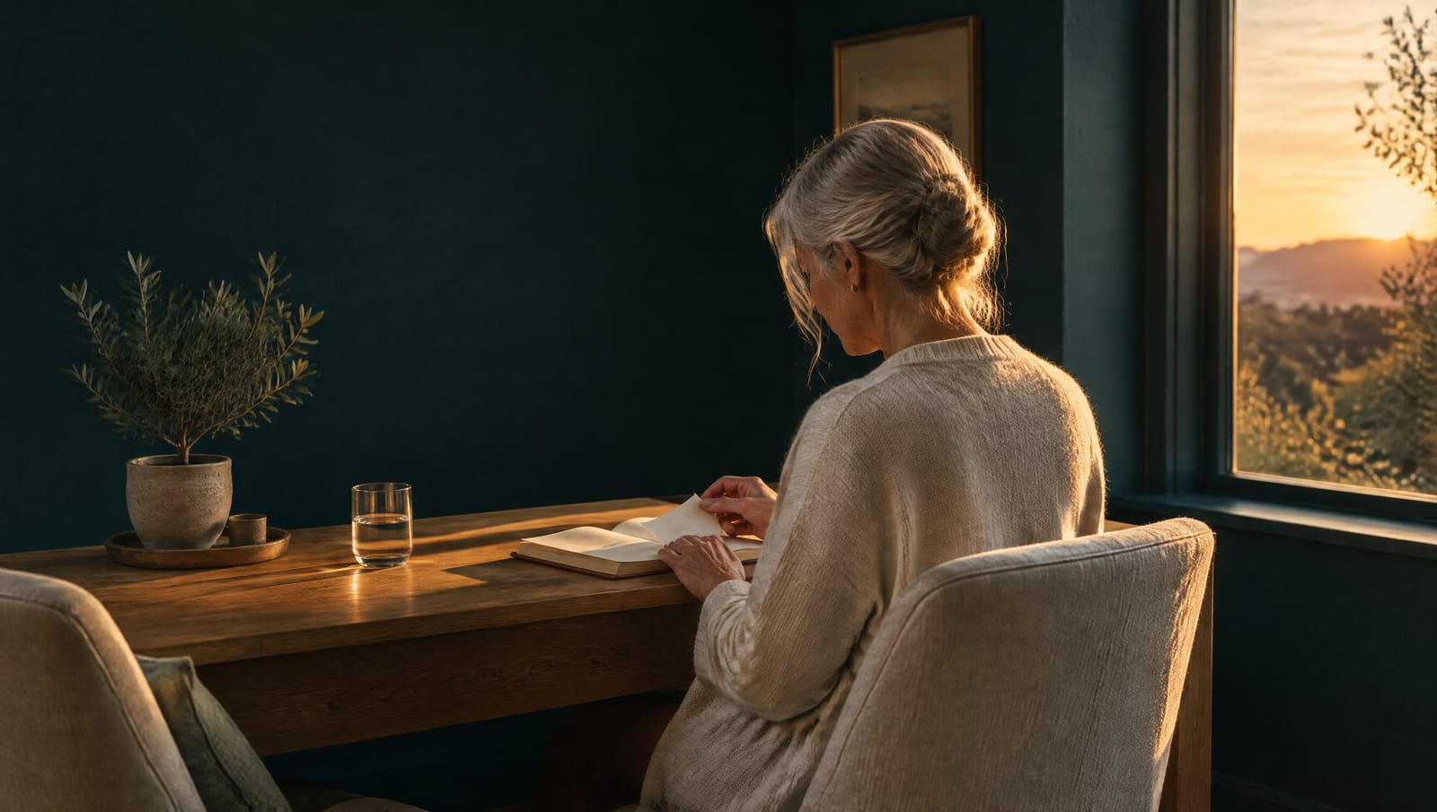 A practitioner reviews a paper journal at an oak desk in a quiet consultation room at dusk.