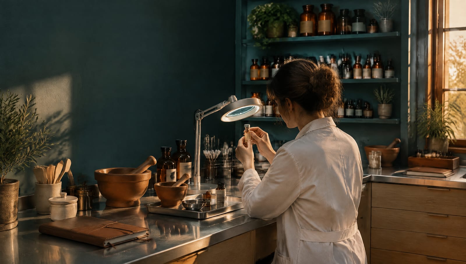 A pharmacist checks a small vial under a magnifier lamp at a compounding bench as the last sun crosses the steel counter.