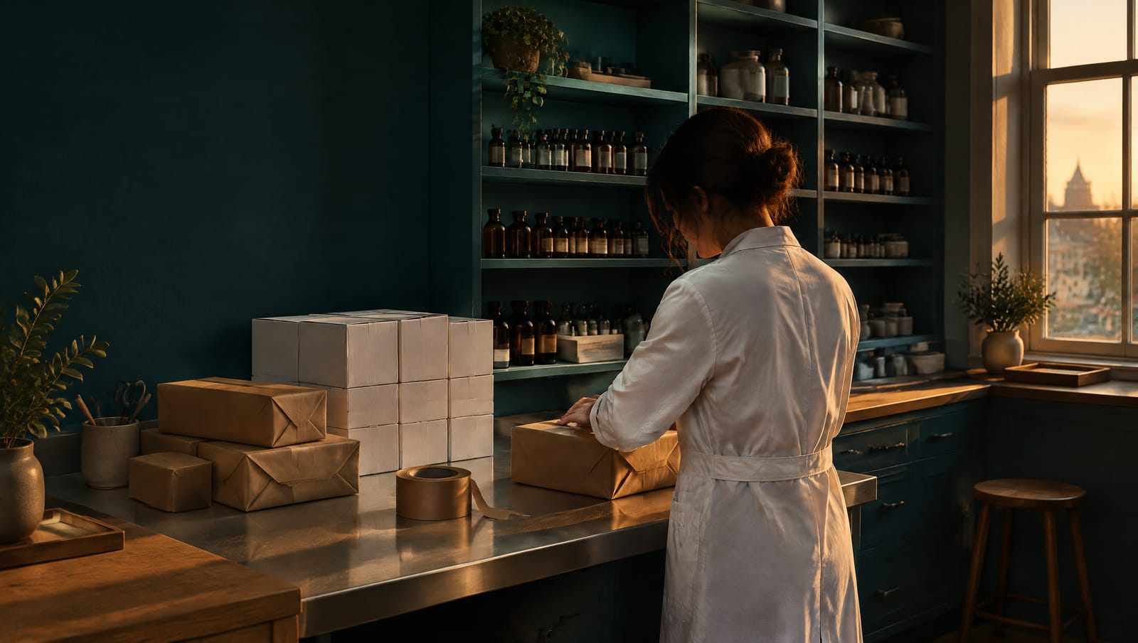 A pharmacy technician seals a plain kraft parcel at a steel shipping bench in the evening light.