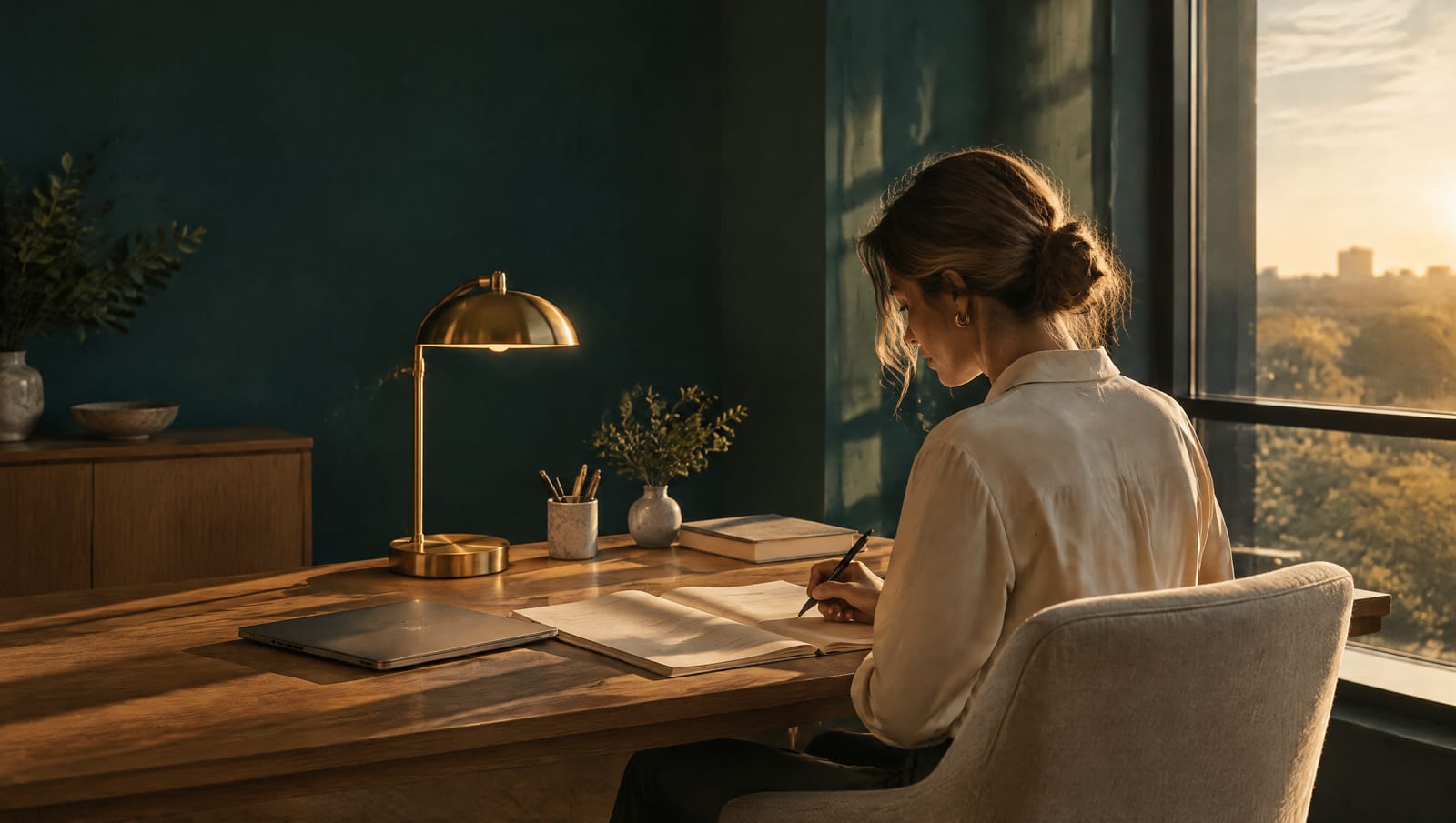 A physician writes in a paper chart at an oak desk while low evening sun rakes across the room.