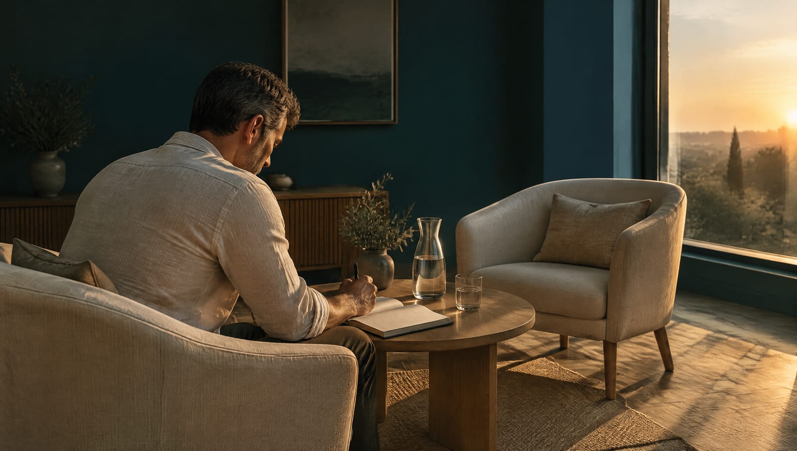 A man writes in a notebook between two linen armchairs in a consultation room at dusk.