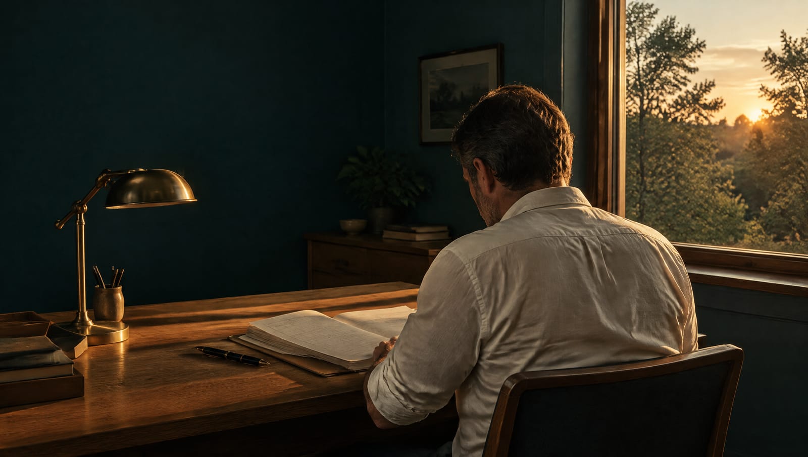 A physician reads a paper chart at a desk by the window as the sun drops behind the trees.