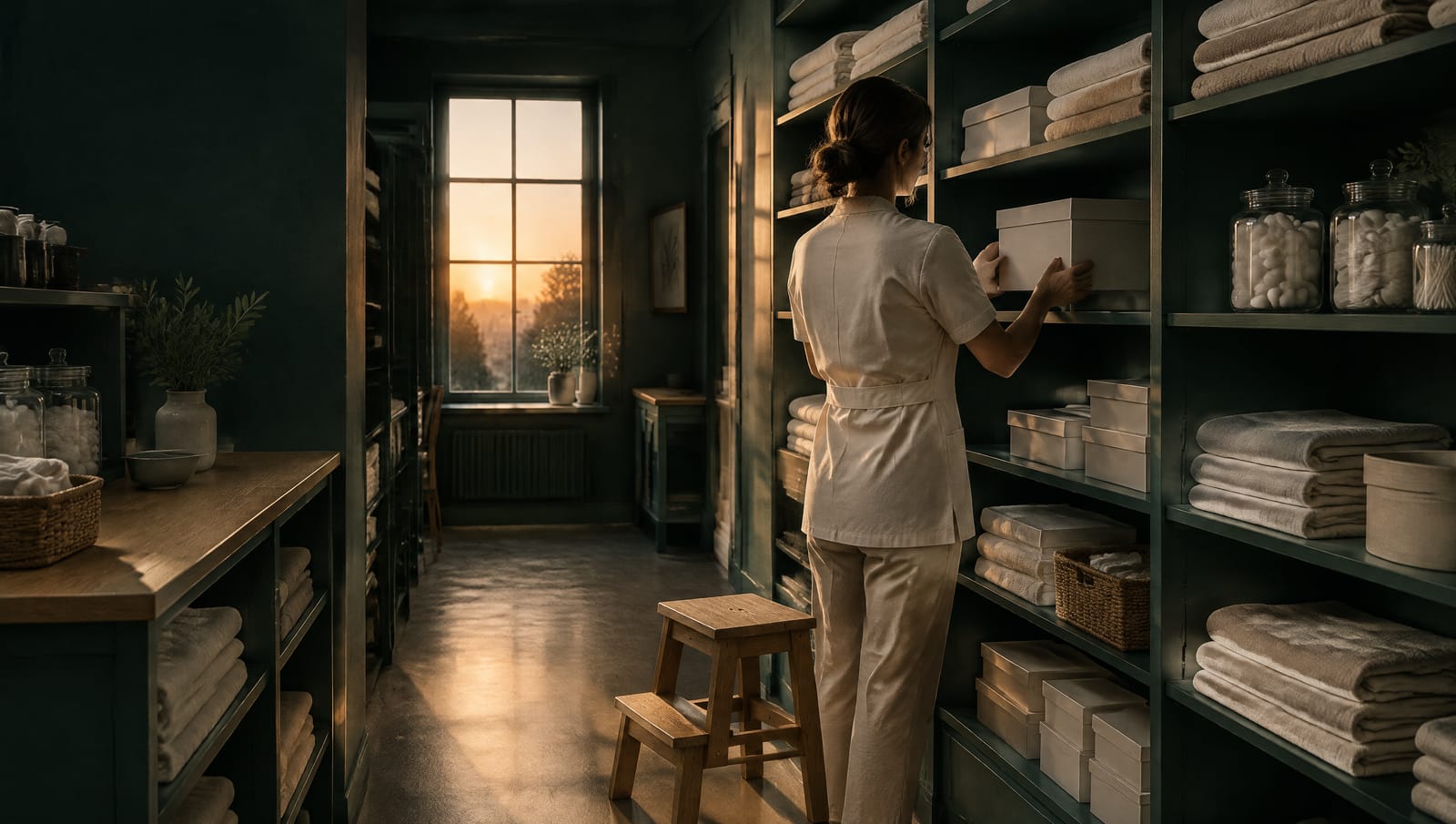 A clinic manager sets a box onto a teal supply shelf at the end of the working day.