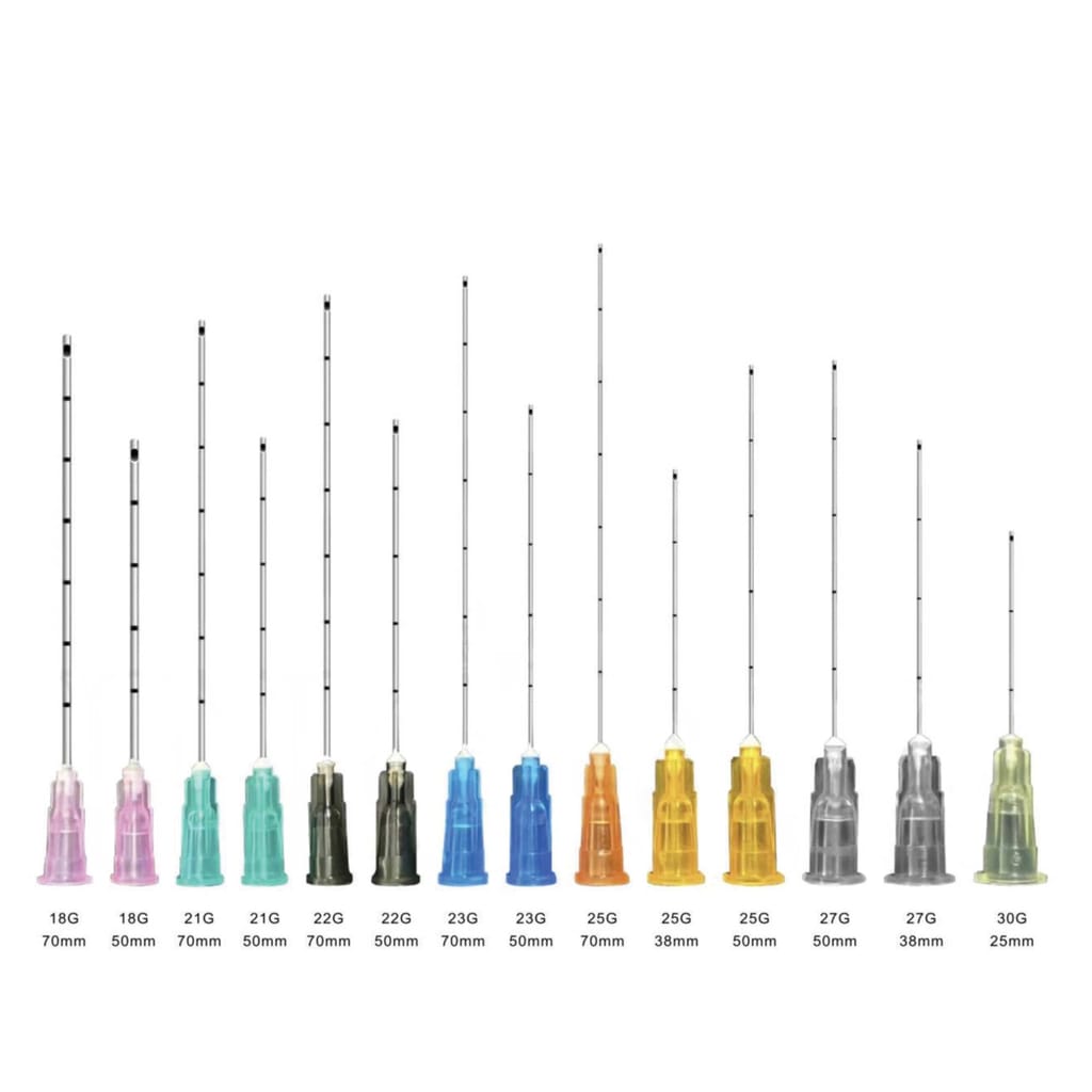 Fourteen blunt cannulas, from 18 to 30 gauge, stand in a row on a plain studio ground with their sizes printed beneath.