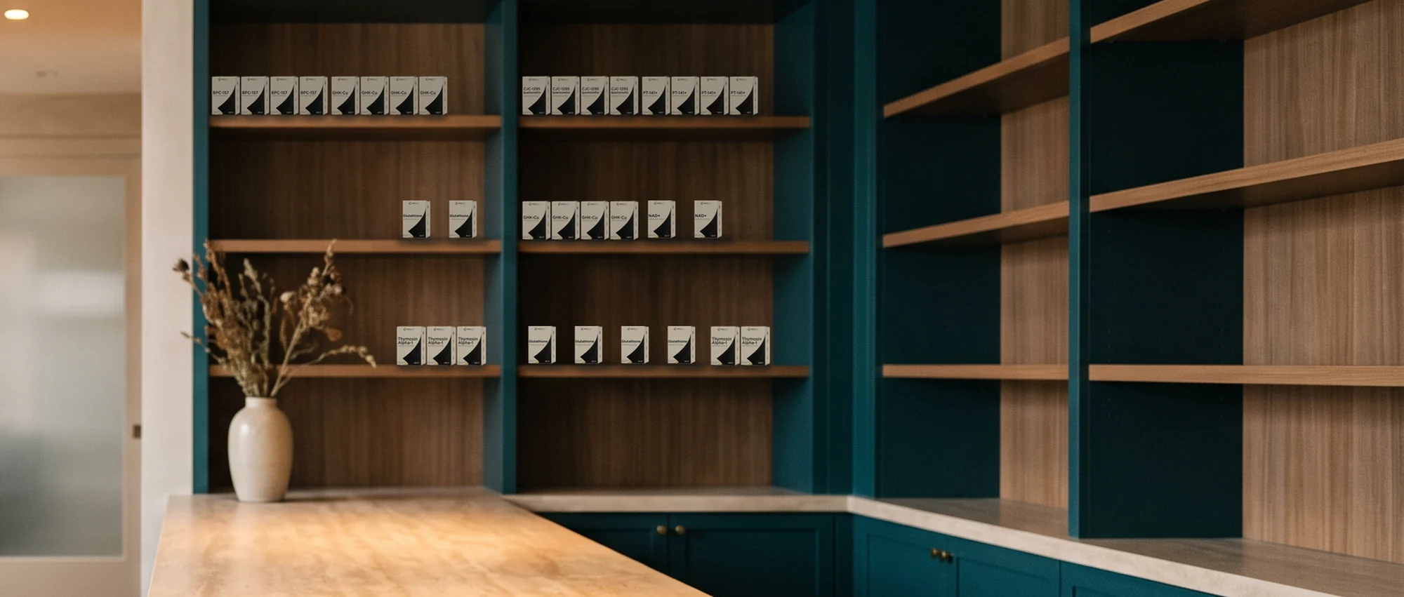 The oral dissolving peptide cartons merchandised on clinic retail shelving, shown at true relative scale